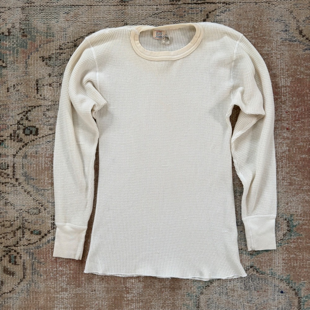Vintage JE Morgan Long Johns Thermal Shirt XL Cream Waffle Knit Made in USA Mens